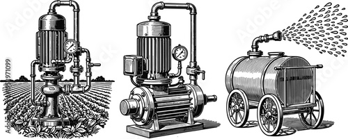 Vintage agricultural irrigation equipment vector illustration, vertical pump system, horizontal pump system, mobile water tank with spray nozzle, crop field watering