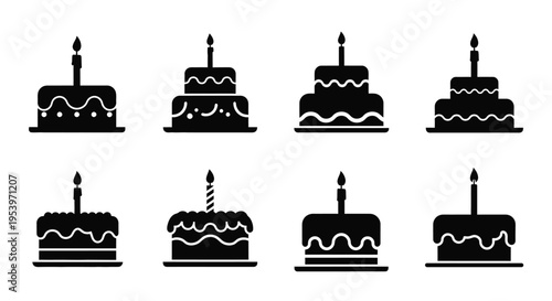 Black silhouette illustrations of various tiered birthday cakes with lit candles