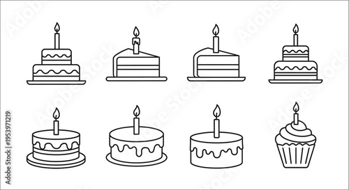 Various cake slices and whole cakes with lit candles line art illustration