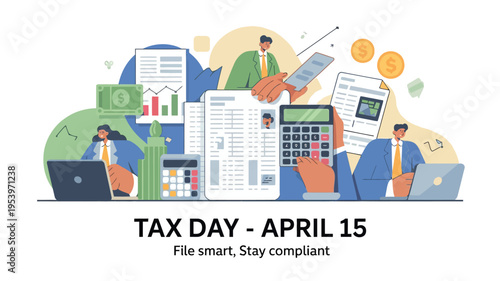 Financial planning and tax season illustrated with people charts and documents