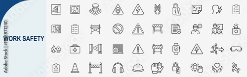 Work safety line icons, construction industrial security symbols, vector set.