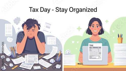 Tax preparation contrast stressed individual versus organized person with laptop