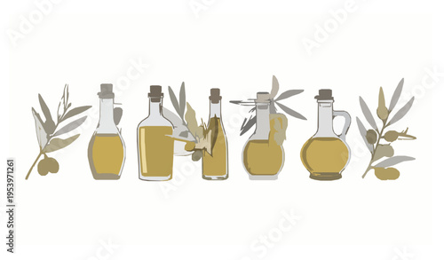 Olive branch and oil bottle vector collection hand drawn botanical set isolated on white
