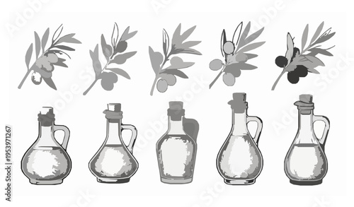 Hand drawn olive branches and olive oil bottles vector set rustic illustration isolated on white background