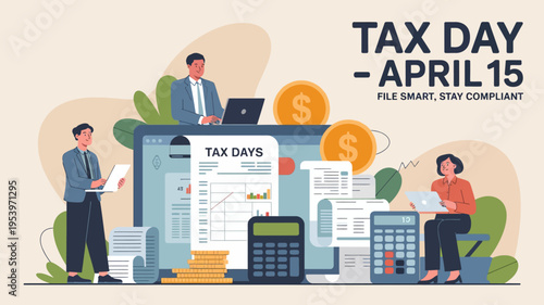 Tax day illustration featuring people money and a large computer screen