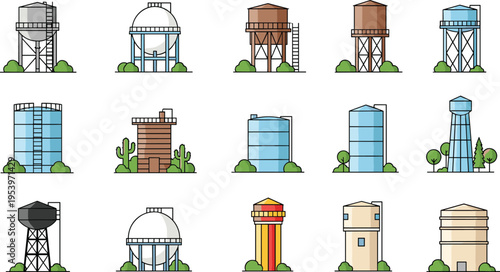 Collection of flat line vector illustrations featuring various water tower designs, industrial storage tanks, urban reservoir structures, and rural utility containers for infrastructure projects.