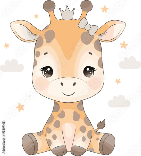 Cute baby giraffe cartoon character sitting with stars and clouds in soft pastel nursery style vector illustration for kids design
