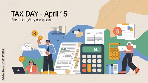 Tax day illustration featuring people documents and financial tools