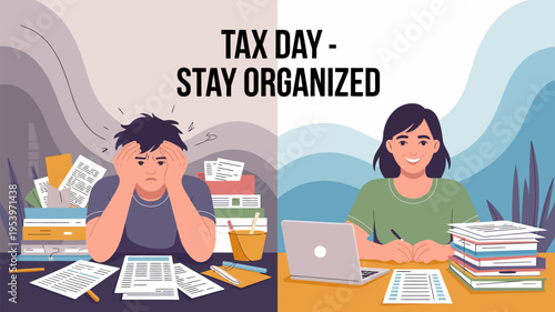 Tax day illustration contrasting stressed and organized approaches to finances