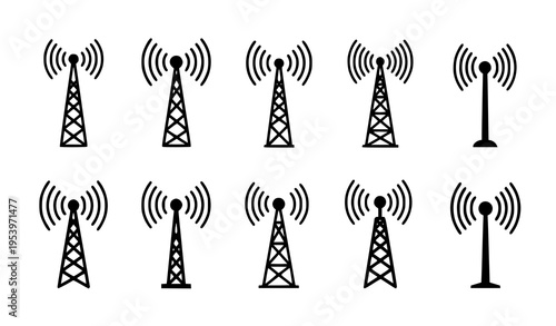 Wireless antenna tower icon set telecommunication signal broadcast vector illustration