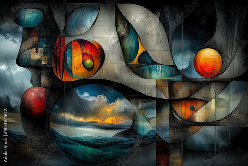 abstract illustration with multiple geometric shapes, surreal landscape, floating elements, dark colors, otherworldly, illustrated
