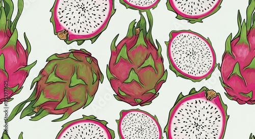Dragon Fruit Seamless Pattern - Hand-Drawn Pitaya Tropical Fruit Illustration