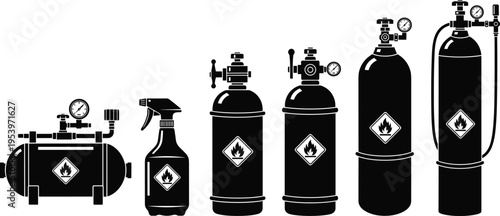 Collection of industrial gas cylinder silhouettes featuring pressurized tanks, oxygen bottles, flammable substance containers, and chemical spray equipment isolated on white background for safety 