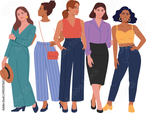 Diverse group of successful women standing together, modern flat vector illustration, female empowerment fashion collection