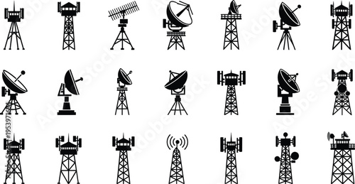Set of black silhouette communication towers, satellite dishes, radio antennas, and radar equipment icons for telecommunication, technology, and broadcasting industry design projects