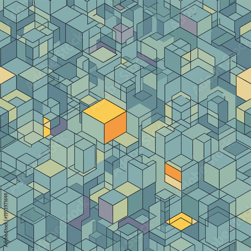Abstract isometric grid of interconnected blue-green cubes and rectangular prisms with prominent orange elements, creating a complex geometric pattern.