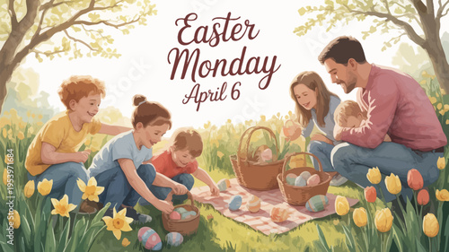 A heartwarming easter monday scene with family and colorful eggs in nature