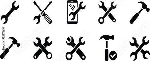 Industrial repair tool icon set, construction maintenance hardware vector, hammer wrench and screwdriver equipment collection