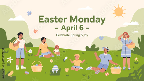 A joyful easter monday celebration with family outdoors in a green field