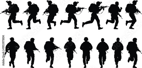 Collection of military soldier silhouettes in action poses, including running and patrolling with rifles and tactical gear, isolated on white background for war and defense concepts.