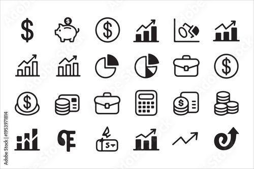 Money and finance icons set with dollar signs for business growth and investment