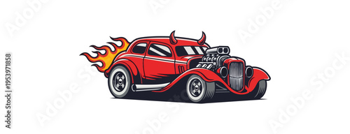 Cartoon classic car illustration with flames and horns
