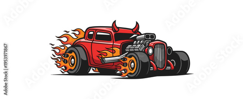 Cartoon hot rod car with flames and devil horns on black background