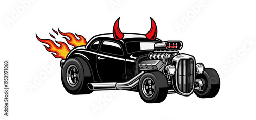Cartoon classic car illustration with flames and red horns