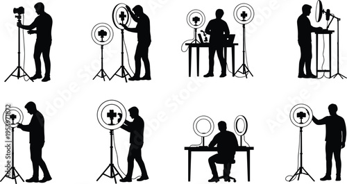 Set of silhouettes showing man using ring light and camera for vlogging, video production, photography studio lighting, content creation, social media influencer.