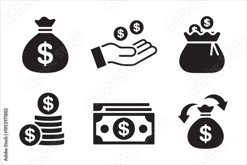 Finance and investment icons including money bag and cash flow symbols