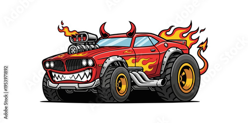 Cartoon monster car illustration red vehicle with flames devilish design on black
