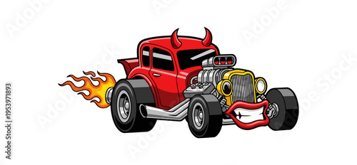 Cartoon illustration of a red hot rod with flames and devil horns