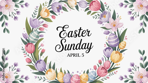 A beautiful floral wreath with easter eggs and the text easter sunday