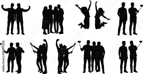 Silhouette collection of groups, couples, and friends taking selfies with smartphones and selfie sticks, jumping for joy, and celebrating together, isolated on white