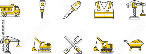 Construction icon set featuring yellow dump truck crane excavator safety vest and jackhammer symbols in linear style for building industrial site and architectural design.