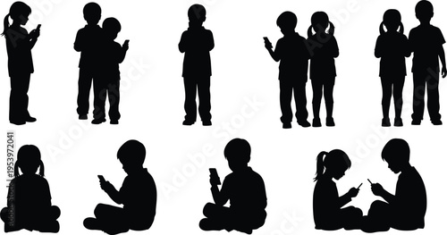 Silhouette collection of young children and toddlers using smartphones while sitting and standing, depicting modern technology use in childhood, isolated on white