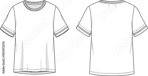 Unisex t-shirt technical drawing vector template with front and back views for fashion design tech packs apparel mockups and garment manufacturing details.