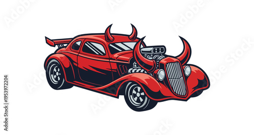 Red classic car design with horns isolated on black background