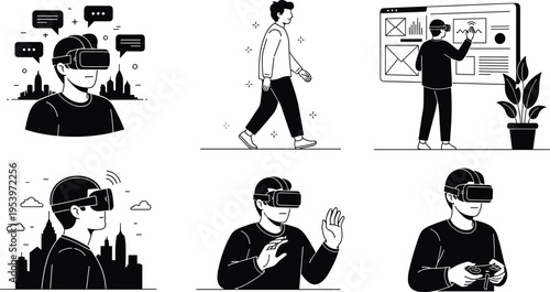 Vector set of black white virtual reality silhouettes featuring people using VR headsets, motion controllers, and interactive metaverse displays, drawing flat