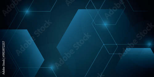 Dark blue abstract background with modern and futuristic glowing blue hexagonal design. Future technology concept with sparkling lines and light dots decoration. EPS. 3