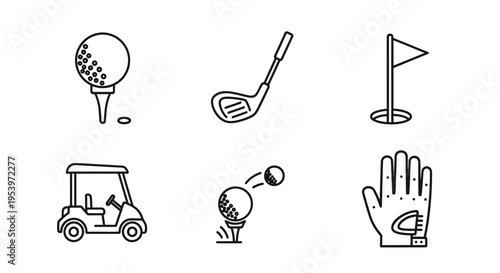 Golfing equipment icons ball club cart flag tee and glove illustration