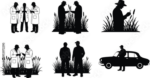 Silhouette of scientists and farmers examining crops in field featuring agricultural research, biotechnology, plant breeding, farm management, and sustainable food production icons
