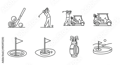 Golf icons set players equipment and course elements in linear style