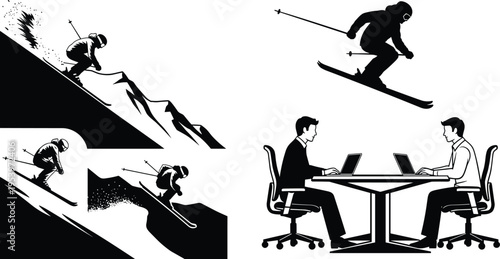 Vector set of skiers descending snowy mountains and jumping in winter sports scenes, contrasted with office businessmen working on laptops at desks