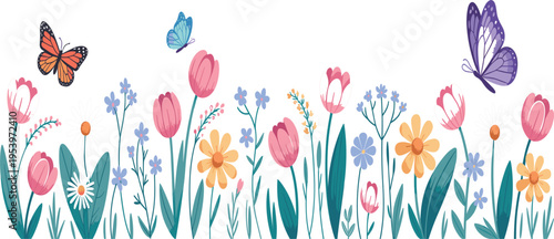 Flat garden vector illustration with pink roses, white daisies, ladybug, bellflower and decorative river stones
