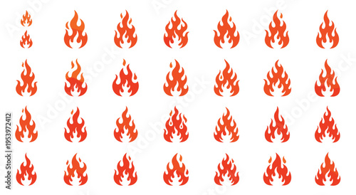 Set of orange fire flame icons isolated on white background for graphics