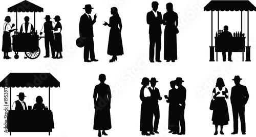 Vintage black silhouette set of people in 1940s fashion, street food vendors, market stalls, and couples socializing for retro graphic design projects