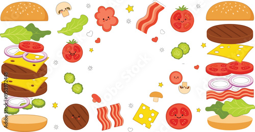 Burger ingredients collection with bun beef patty cheese bacon lettuce tomato onion and pickles flat vector illustration set