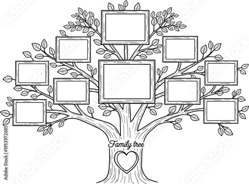 Hand drawn family tree vector illustration with blank photo frames and heart detail on trunk isolated on white background for genealogy and history projects.