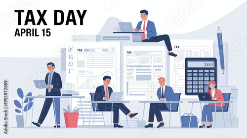 Tax day preparation with business people and financial paperwork illustration